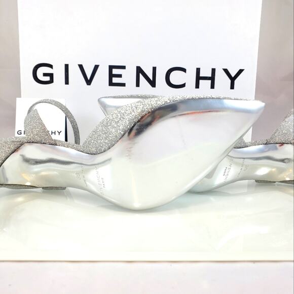 NWT$825 Givenchy Logo Ankle-Strap Silver Glitter Leather Pumps 100 Heels Sz 9 - Picture 11 of 16